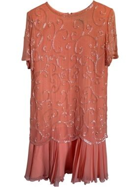 Vintage Talbots 100% Silk Beaded Sequined Drop Waist Flapper Dress Peach Size 8P